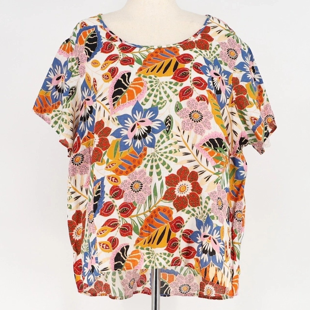 C&C CALIFORNIA / Tropical Floral 100% Linen Positively Curvy Tunic Top / Size 1X